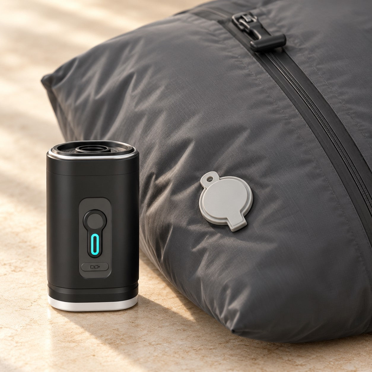 Compact black rechargeable pump beside the bag’s capped air valve
