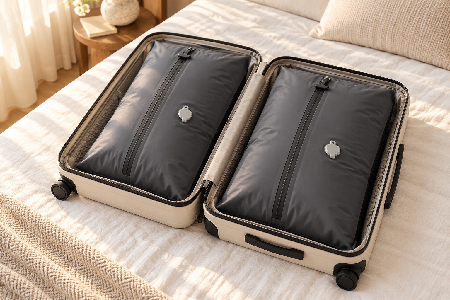 Two PAQLO vacuum packing bags arranged in an open suitcase